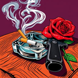 A vibrant poster-style illustration featuring an ashtray with a smoking cigarette butt, surrounded by swirling wisps of smoke