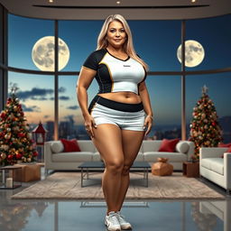 A full-body image of a beautiful 55-year-old MILF with Venezuelan features, displaying a curvy physique characterized by large breasts (size 42DD), wide hips, a slim waist, thick thighs, and strong, stunning legs
