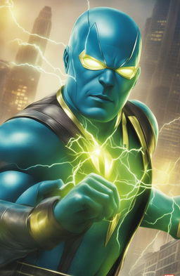 A 32k HD digital art poster of a close-up of Electro from the Marvel universe, designed in a vintage style for a 200mm format