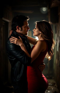 A dramatic mafia romance scene featuring a man and a woman, both with brown hair, holding each other tightly in a dimly lit, rustic environment