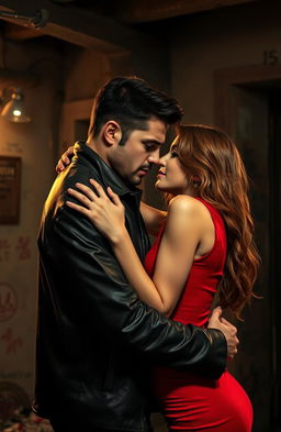 A dramatic mafia romance scene featuring a man and a woman, both with brown hair, holding each other tightly in a dimly lit, rustic environment