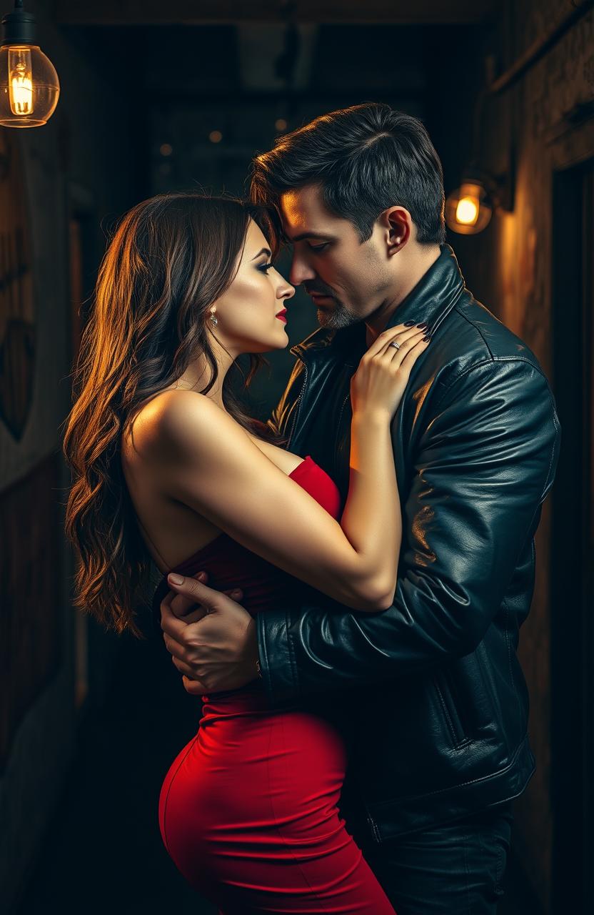 A dramatic mafia romance scene featuring a man and a woman, both with brown hair, holding each other tightly in a dimly lit, rustic environment