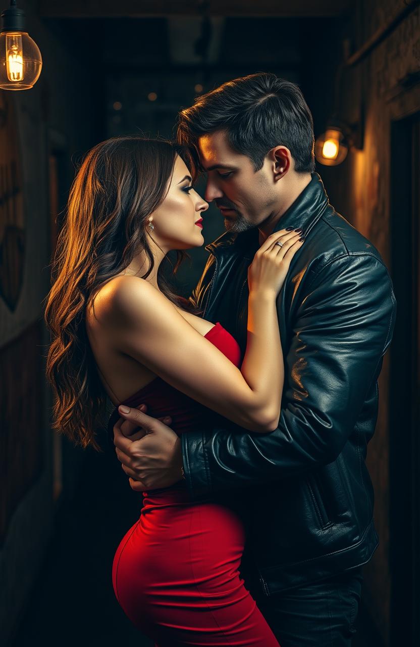 A dramatic mafia romance scene featuring a man and a woman, both with brown hair, holding each other tightly in a dimly lit, rustic environment