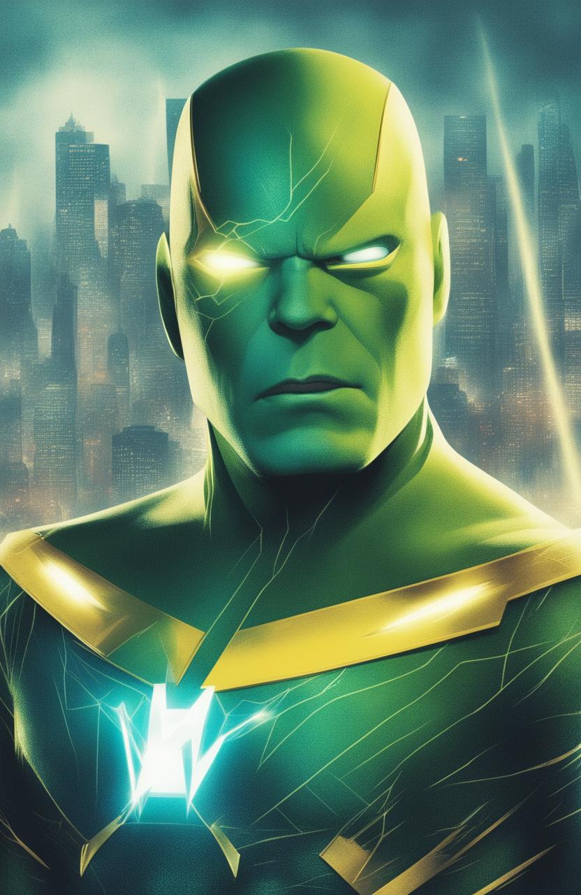 A 32k HD digital art poster of a close-up of Electro from the Marvel universe, designed in a vintage style for a 200mm format