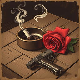 An old-style poster illustration featuring an ashtray with a smoking cigarette butt, its smoke curling in stylized swirls