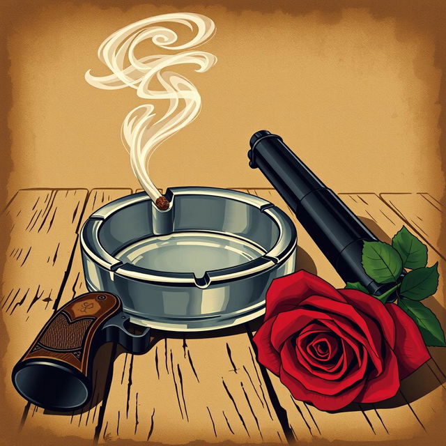 An old-style poster illustration featuring an ashtray with a smoking cigarette butt, its smoke curling in stylized swirls