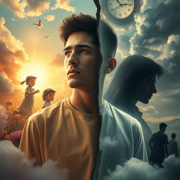 A compelling representation of a dreamlike scenario where a young man, Omar, is depicted at the center of a visual narrative, torn between two realities: his wistful past and his regretful present