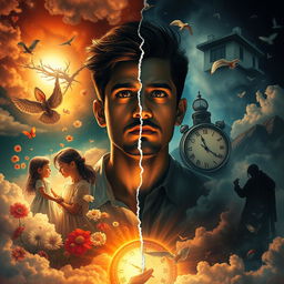 A compelling representation of a dreamlike scenario where a young man, Omar, is depicted at the center of a visual narrative, torn between two realities: his wistful past and his regretful present
