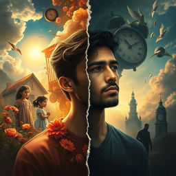 A compelling representation of a dreamlike scenario where a young man, Omar, is depicted at the center of a visual narrative, torn between two realities: his wistful past and his regretful present