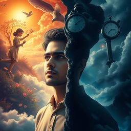 A compelling representation of a dreamlike scenario where a young man, Omar, is depicted at the center of a visual narrative, torn between two realities: his wistful past and his regretful present