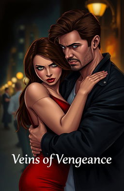 A dramatic scene illustrating a mafia romance titled "Veins of Vengeance"
