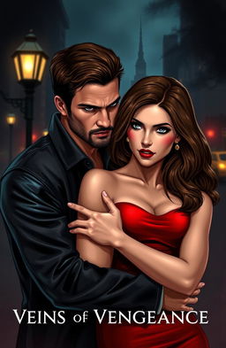 A dramatic scene illustrating a mafia romance titled "Veins of Vengeance"