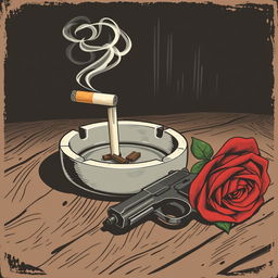 An old-style poster illustration featuring an ashtray with a smoking cigarette butt, its smoke curling artistically in the air