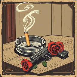 An old-style poster illustration featuring an ashtray with a smoking cigarette butt, its smoke curling artistically in the air