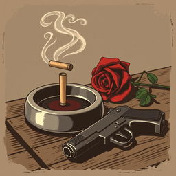 An old-style poster illustration featuring an ashtray with a smoking cigarette butt, its smoke curling artistically in the air