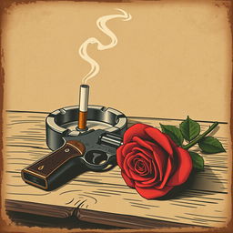An old-style poster illustration featuring an ashtray with a smoking cigarette butt, its smoke curling artistically in the air