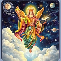 A majestic celestial being depicted on a tarot card, soaring among the clouds