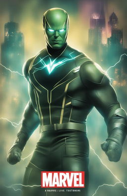 A 32k HD digital art poster of a close-up of Electro from the Marvel universe, designed in a vintage style for a 200mm format