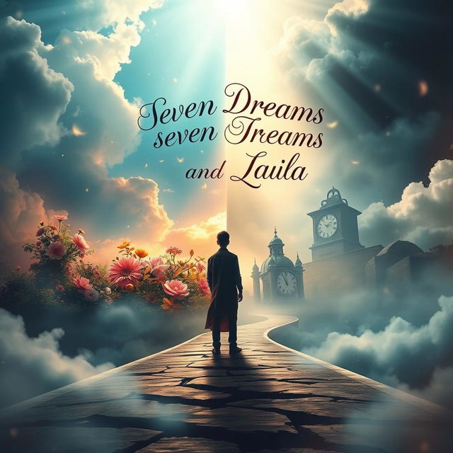 A captivating book cover design for the novel 'Seven Dreams and Laila', featuring a dreamy and surreal landscape that visually represents the themes of the story