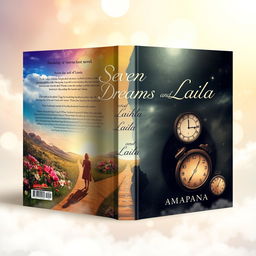 A captivating book cover design for the novel 'Seven Dreams and Laila', featuring a dreamy and surreal landscape that visually represents the themes of the story