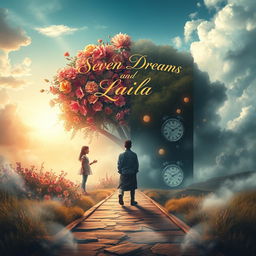 A captivating book cover design for the novel 'Seven Dreams and Laila', featuring a dreamy and surreal landscape that visually represents the themes of the story