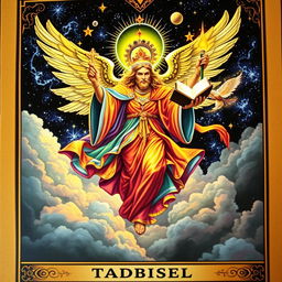 A majestic celestial being depicted on a tarot card, soaring among the clouds in a dark fantasy style