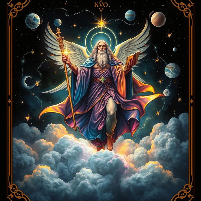 A majestic celestial being depicted on a tarot card, soaring among the clouds in a dark fantasy style