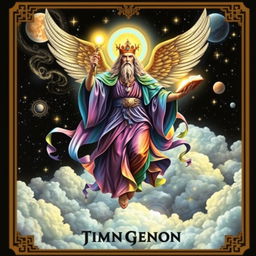 A majestic celestial being depicted on a tarot card, soaring among the clouds in a dark fantasy style