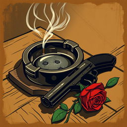 A vintage-style poster illustration depicting an ashtray with a smoking cigarette butt, with smoke elegantly curling upwards