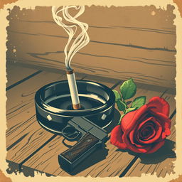 A vintage-style poster illustration depicting an ashtray with a smoking cigarette butt, with smoke elegantly curling upwards