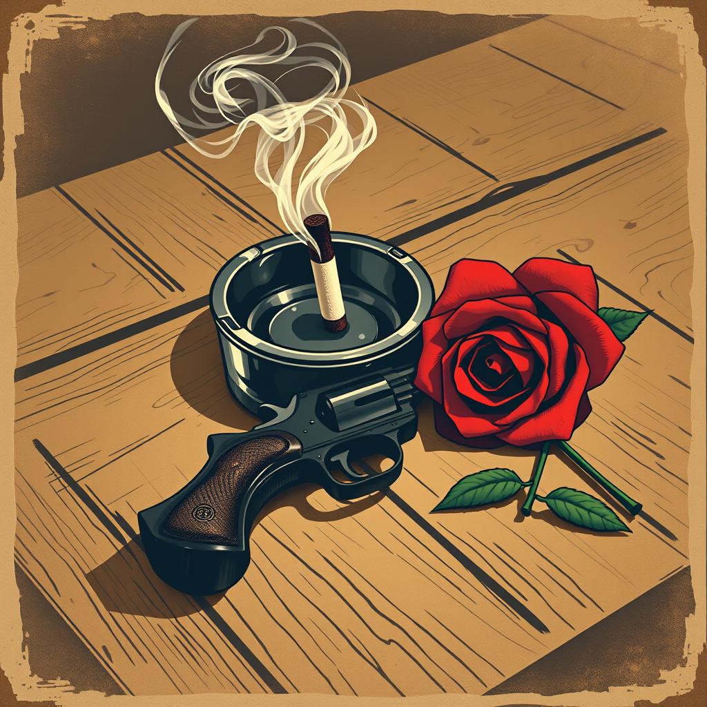 A vintage-style poster illustration depicting an ashtray with a smoking cigarette butt, with smoke elegantly curling upwards