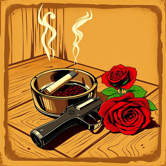 A vintage-style poster illustration depicting an ashtray with a smoking cigarette butt, with smoke elegantly curling upwards