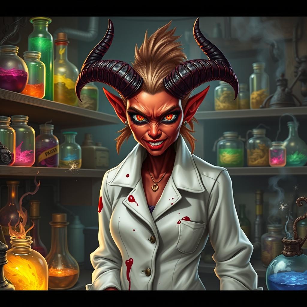 A red-skinned female tiefling mad scientist with crooked horns, wearing a stained white lab coat, surrounded by various bubbling potions and strange gadgets in her chaotic laboratory