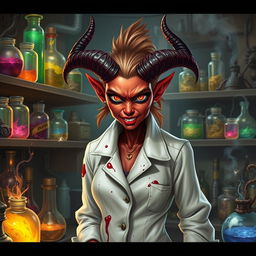 A red-skinned female tiefling mad scientist with crooked horns, wearing a stained white lab coat, surrounded by various bubbling potions and strange gadgets in her chaotic laboratory