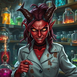 A red-skinned female tiefling mad scientist with crooked horns, wearing a stained white lab coat, surrounded by various bubbling potions and strange gadgets in her chaotic laboratory