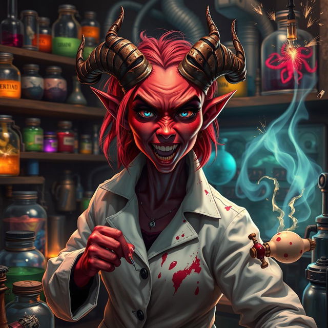 A red-skinned female tiefling mad scientist with crooked horns, wearing a stained white lab coat, surrounded by various bubbling potions and strange gadgets in her chaotic laboratory