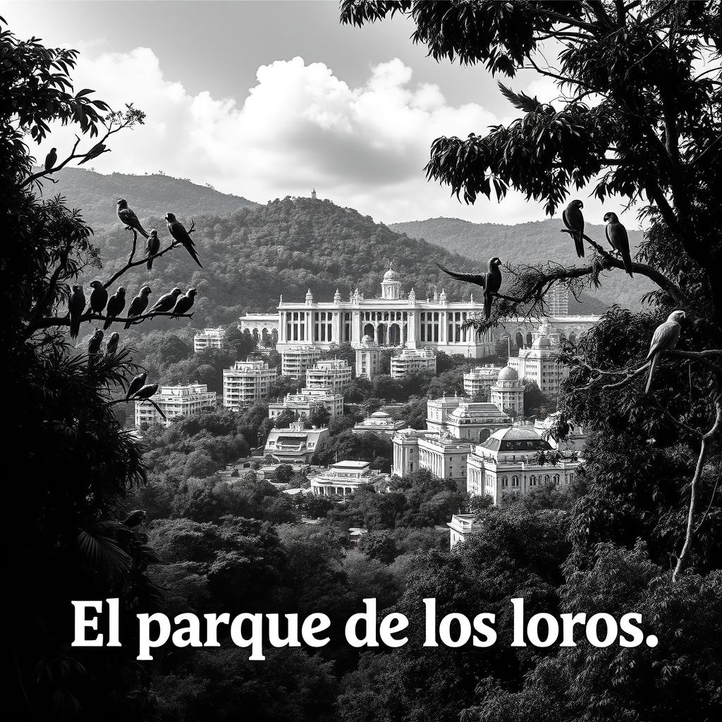 A movie poster for 'El parque de los loros', featuring a black and white color scheme