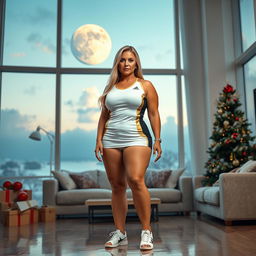 A full-body image of a gorgeous 55-year-old MILF with Venezuelan features, featuring a curvy physique with large breasts (size 42DD), wide hips, a slim waist, thick thighs, and strong, beautiful legs