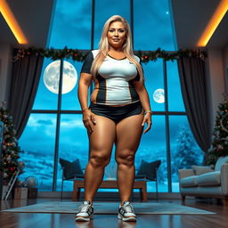 A full-body image of a gorgeous 55-year-old MILF with Venezuelan features, featuring a curvy physique with large breasts (size 42DD), wide hips, a slim waist, thick thighs, and strong, beautiful legs