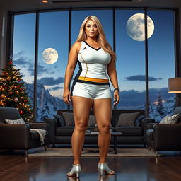 A full-body image of a gorgeous 55-year-old MILF with Venezuelan features, featuring a curvy physique with large breasts (size 42DD), wide hips, a slim waist, thick thighs, and strong, beautiful legs