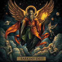 A majestic celestial being depicted on a tarot card, soaring among the dark clouds