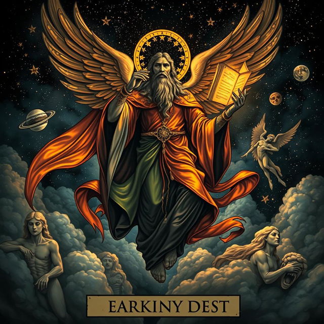 A majestic celestial being depicted on a tarot card, soaring among the dark clouds