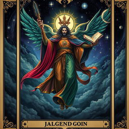 A majestic celestial being depicted on a tarot card, soaring among the dark clouds