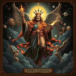 A majestic celestial being depicted on a tarot card, soaring among the dark clouds
