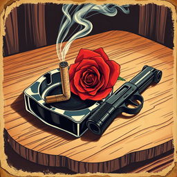 A vintage old poster-style illustration showcasing an ashtray with a smoking cigarette butt, the smoke wafting elegantly upwards