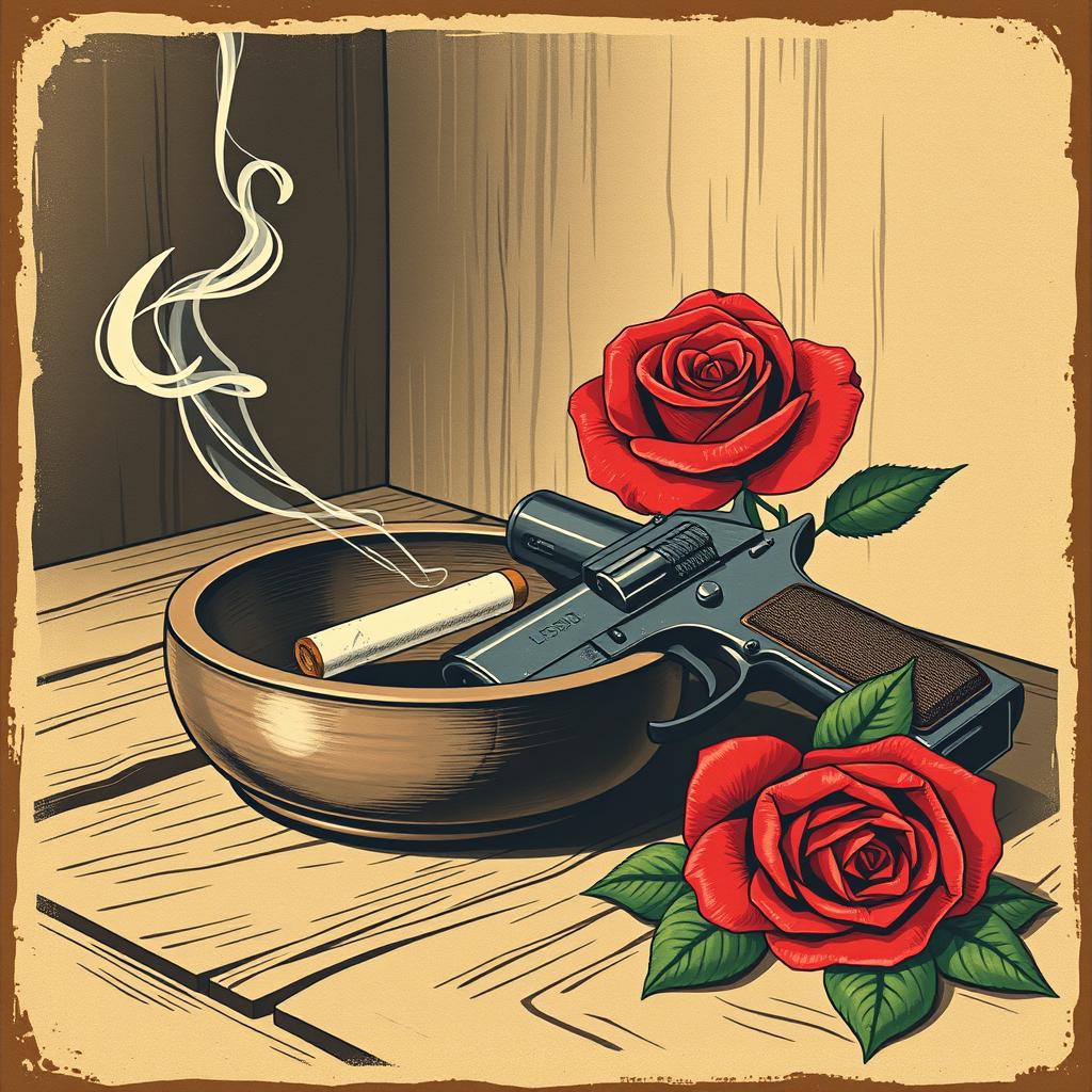 A vintage old poster-style illustration showcasing an ashtray with a smoking cigarette butt, the smoke wafting elegantly upwards