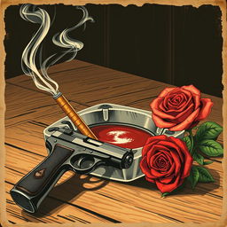 A vintage old poster-style illustration showcasing an ashtray with a smoking cigarette butt, the smoke wafting elegantly upwards