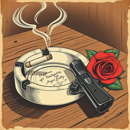 A vintage old poster-style illustration showcasing an ashtray with a smoking cigarette butt, the smoke wafting elegantly upwards