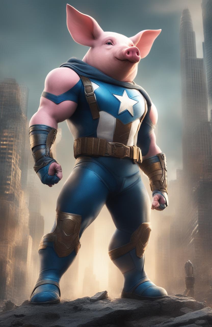 A high-quality digital art piece featuring 'War Pig', a superhero pig character designed in the style of Marvel comics