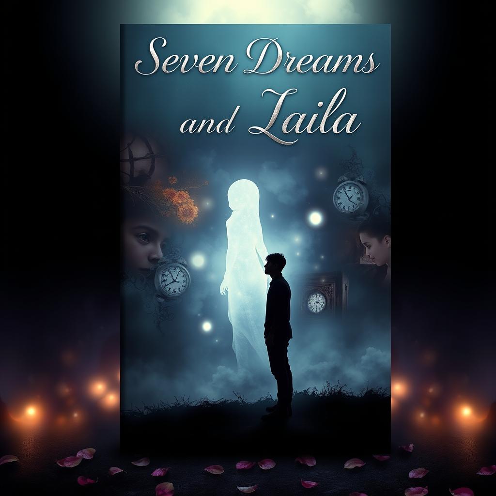 An eye-catching book cover design for the novel 'Seven Dreams and Laila', capturing a sad and mysterious ambiance